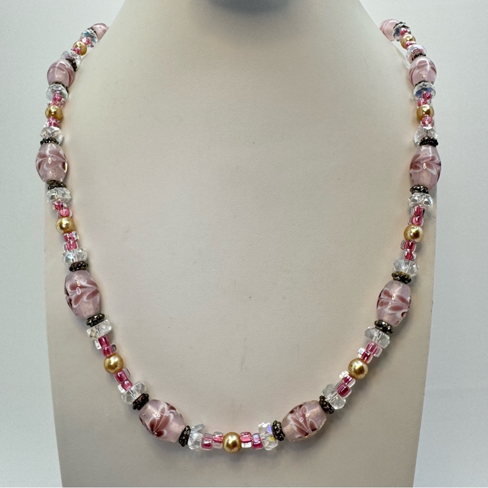 Pink Lamp Work Glass Bead Necklace Gold Crystal Accent Vintage Style